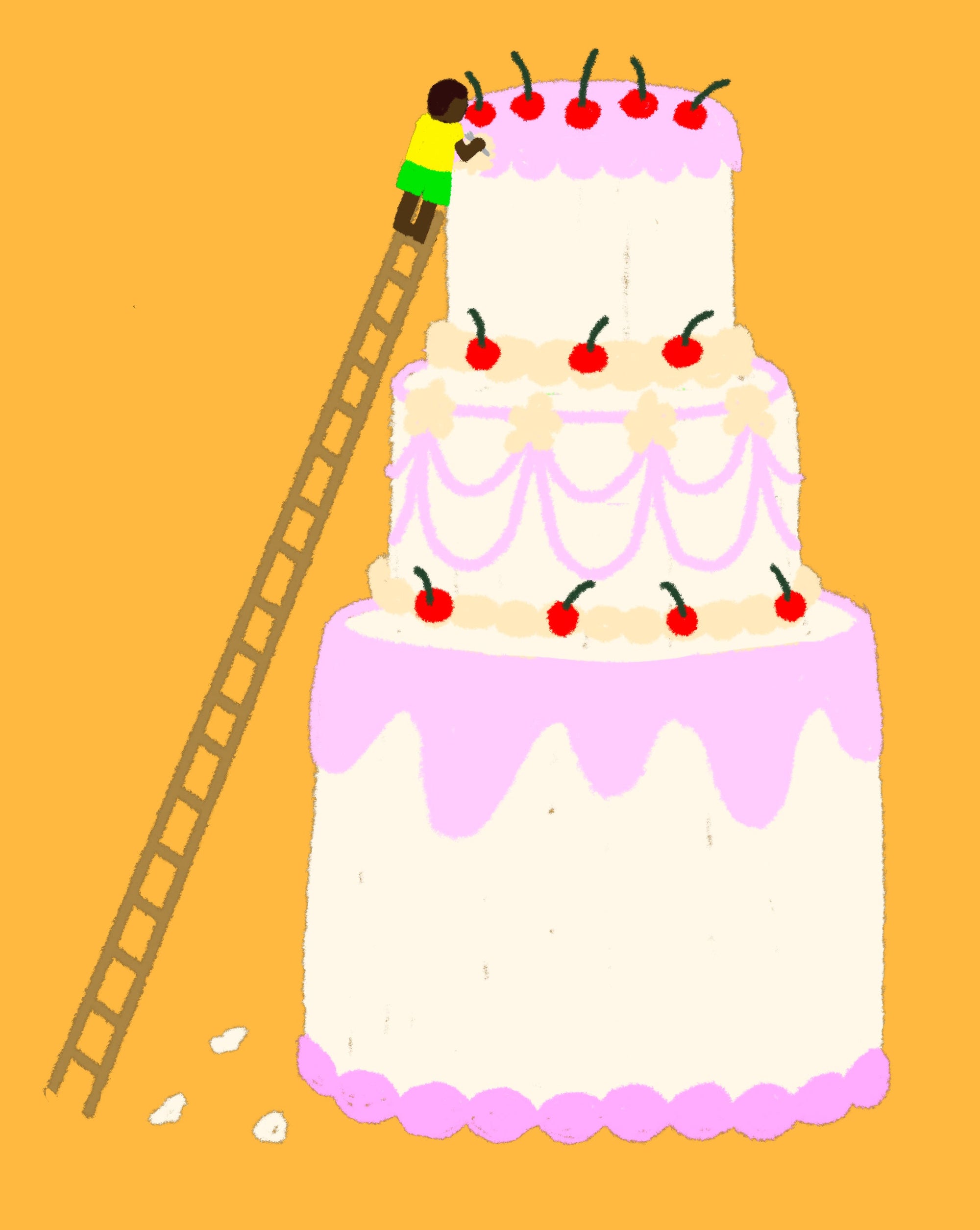 Illustration of a person climbing a ladder to reach cherries on a three-tiered cake with a pink icing.