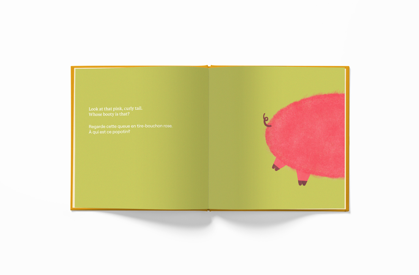 Inner page of Fifty Two World (52 World) book Whose Booty is That? pig booty in bilingual English-French