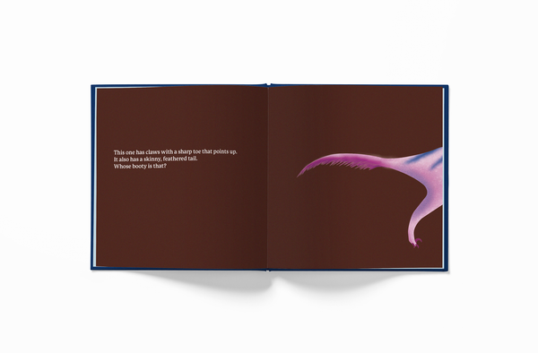 Inner page of Fifty Two World (52 World) book Whose Booty is That? Dino Version Velociraptor booty in English