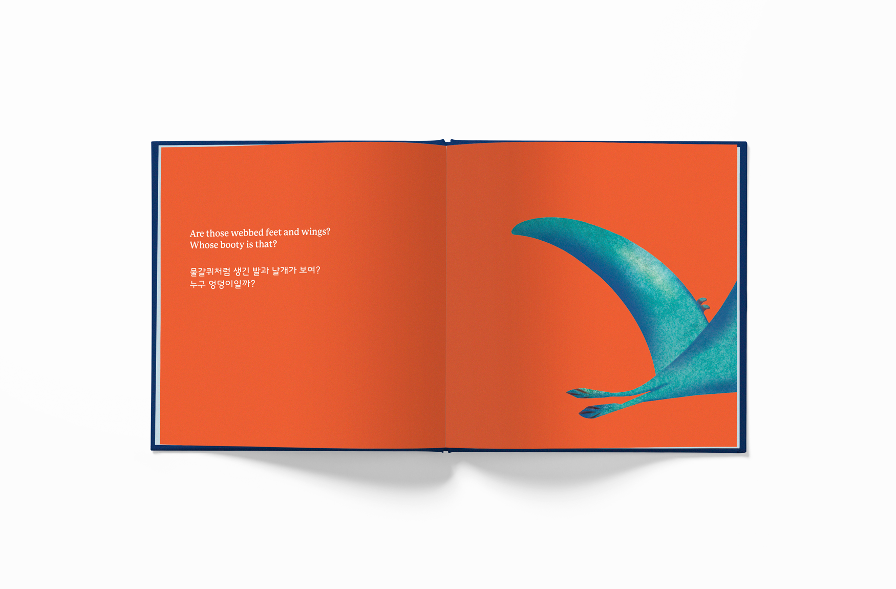 Inner page of Fifty Two World (52 World) book Whose Booty is That? Dino Version Pterodactyl booty in bilingual English-Korean