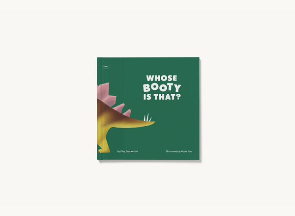 Green cover of a picture book titled "Whose Booty Is That?" in English and Korean with a dinosaur illustration